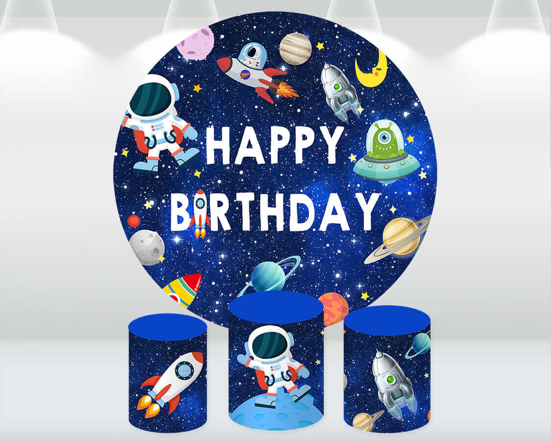 Astronaut Round Backdrop Universe Space Planet Spacecraft Baby Boy Birthday Party Starry Sky Photography Background Circle Cover Banner
