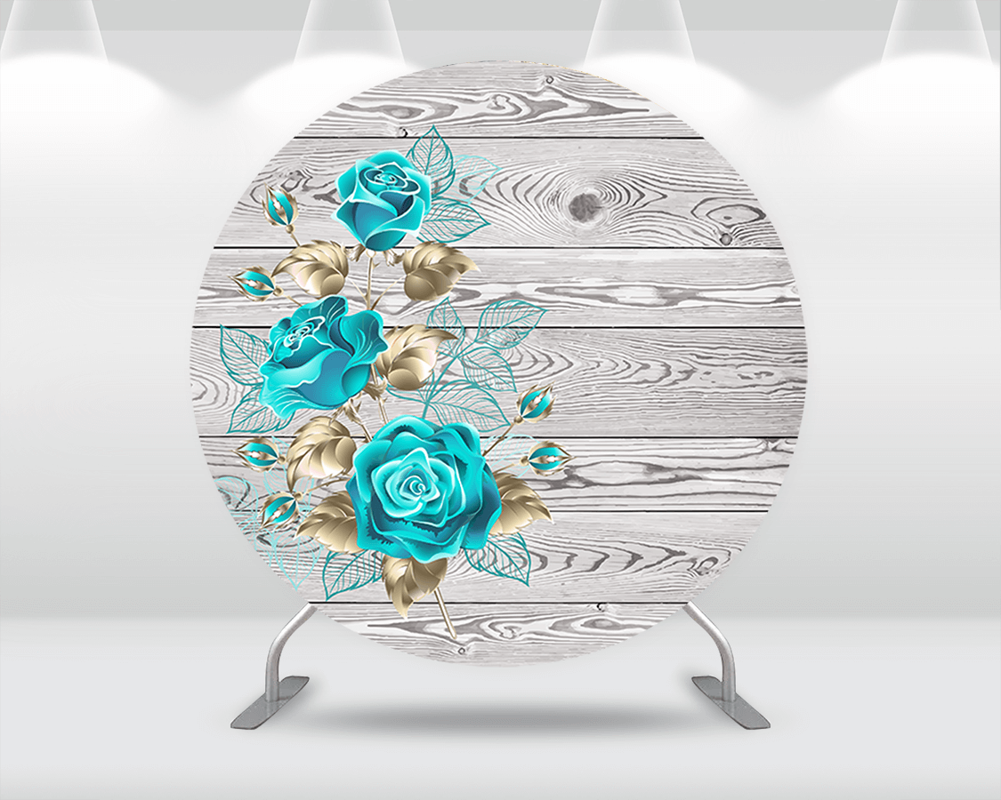 Wood theme Baby Shower Circle Round Backdrop Cover Blue Florals Bridal Wedding Party Background Banner