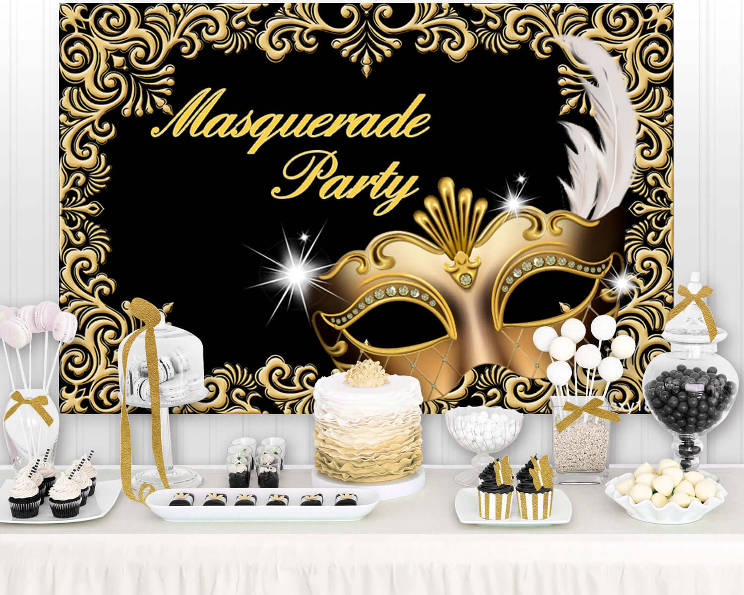 Black and Gold Masquerade Party Background Feather Mardi Gras Mask