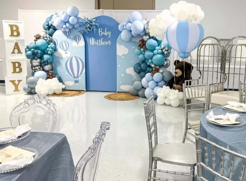 Newborn Baby Shower Arch Wall Backdrop Cover Blue White Clouds Hot Air Balloons Background Photo Studio