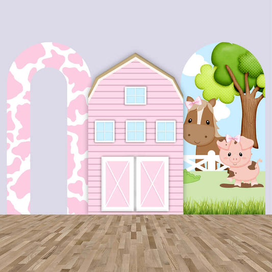 Open Wall Arch Backdrop Cow Print Baby Birthday Background Cartoon Animals Pink Barn House Arch Chiara Backdrops Banner Photobooth