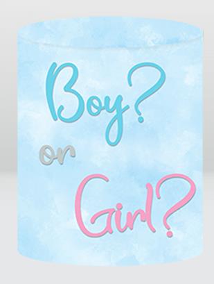 pastel blue backdrop cylinder cover with “Boy or Girl?” text in pink and blue