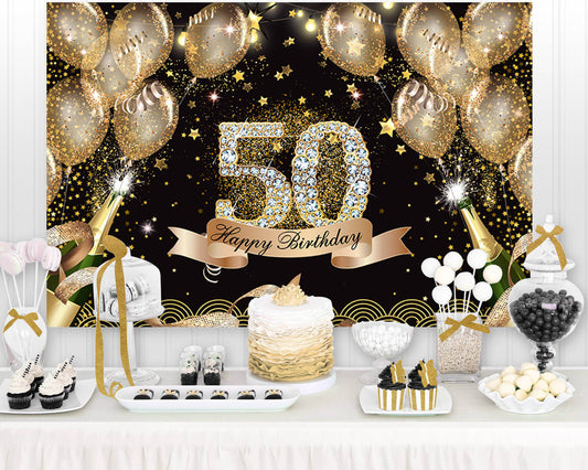 Black and Gold 50th Birthday Backdrop Bokeh Glitter Photography Background Cake Table Banner