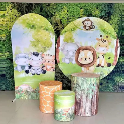 Round Backdrop Cover Forest Jungle Safari Baby Wild One Birthday Photo Background Baby Shower Arched Wall Backdrops Elastic