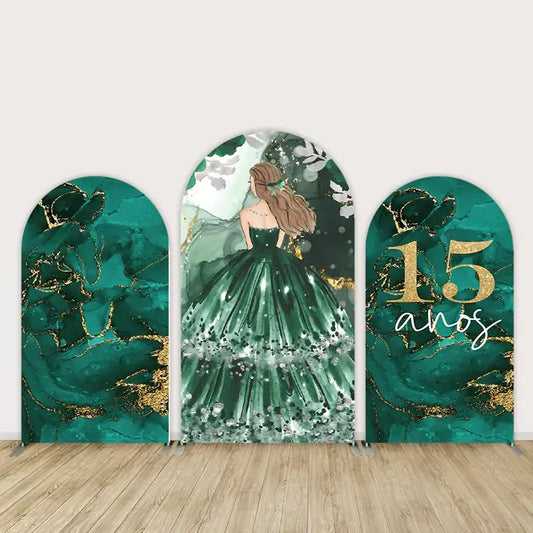 Three-piece emerald green and gold quinceañera arch backdrop with elegant girl illustration and “15 años” text.