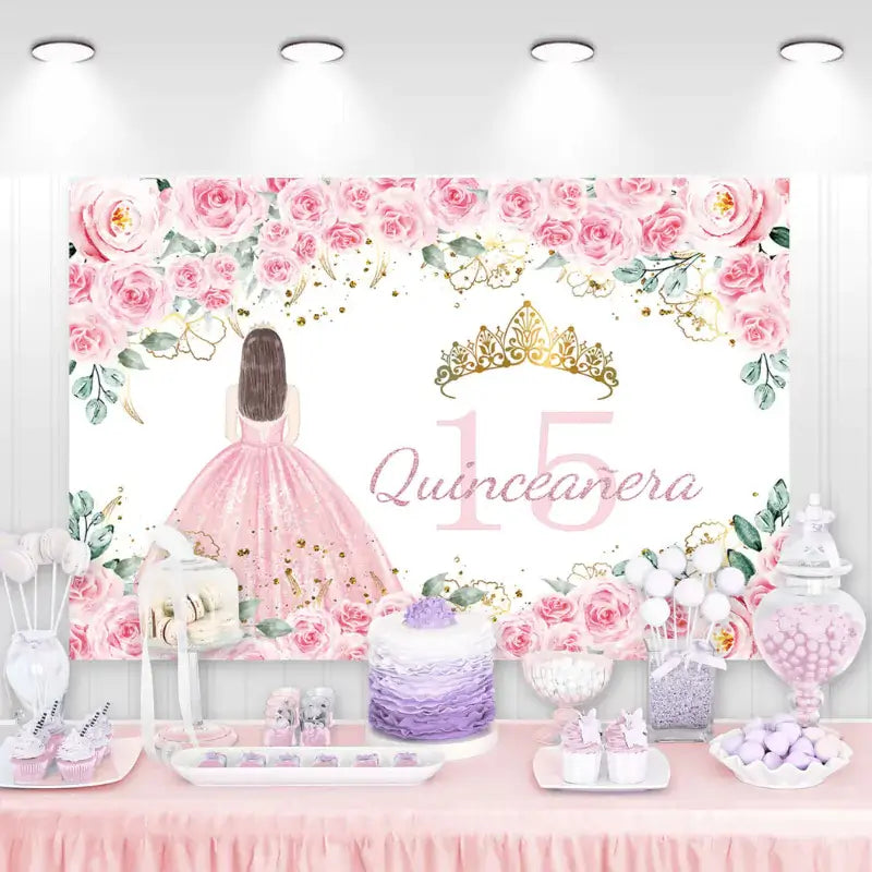 Elegant 15th birthday party backdrop featuring pink floral frame, gold glitter crown, and a girl in a pink ball gown – ideal for Quinceañera decor