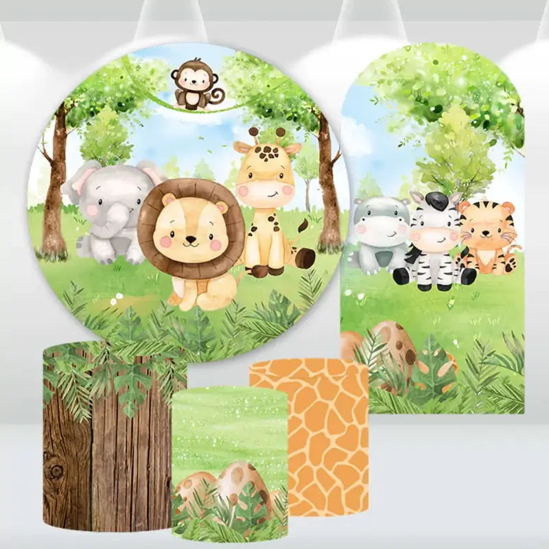 Round Backdrop Cover Forest Jungle Safari Baby Wild One Birthday Photo Background Baby Shower Arched Wall Backdrops Elastic