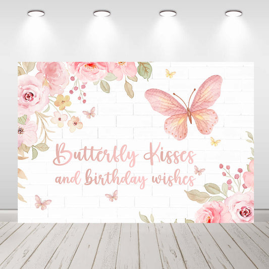 Butterfly kisses and Birthday Wishes Baby Girl Photography Background Pink Newborn Baby Shower Background for Photo Studio Vinyl