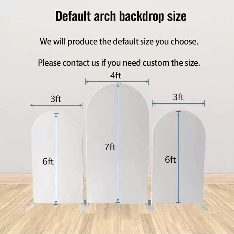 Three default arch backdrop stands of varying sizes on a wooden floor. The left and right arches are 3 feet wide and 6 feet tall, while the center arch is 4 feet wide and 7 feet tall. Text indicates that custom sizing is available upon request.