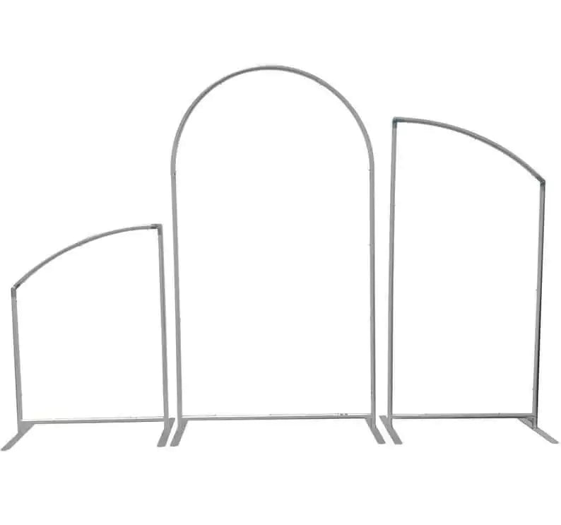 Three metal backdrop stands of varying heights and shapes, ideal for event decoration. The set includes a large arch-shaped stand in the center, flanked by two smaller stands with unique angular designs. Perfect for creating stylish photo backdrops for weddings, parties, and other events