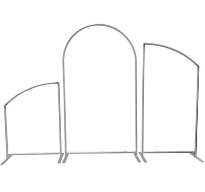 Three metal backdrop stands of varying heights and shapes, ideal for event decoration. The set includes a large arch-shaped stand in the center, flanked by two smaller stands with unique angular designs. Perfect for creating stylish photo backdrops for weddings, parties, and other events