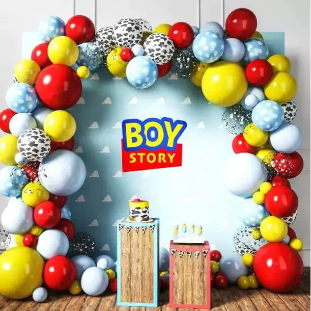 Toy Inspired Story Balloons Garland Arch Kit 5 inch +10 inch +12inch+18 inch Pastel Blue Yellow Red Balloons Happy Birthday Balloons Baby Shower Decorations