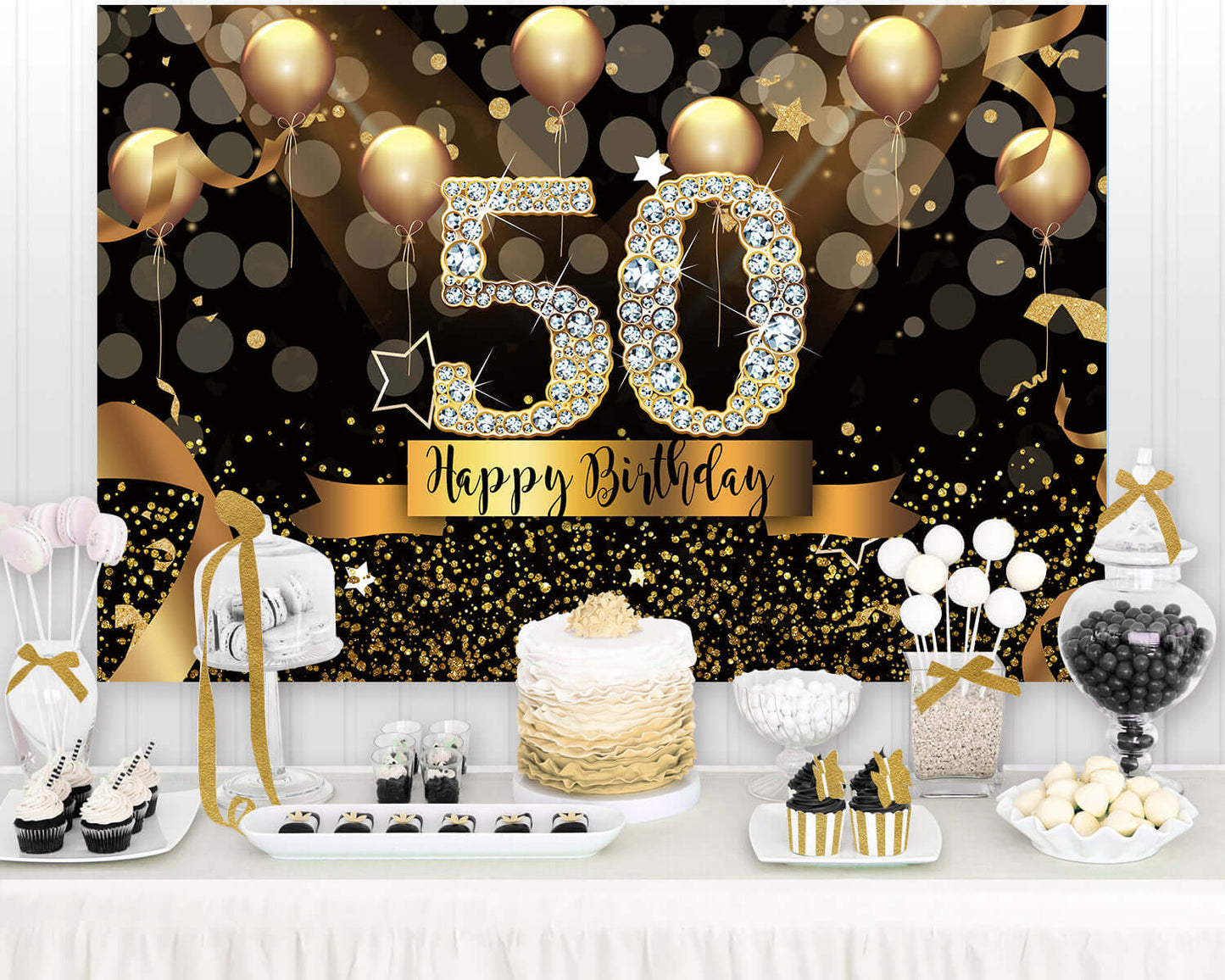 Black and Gold 50th Birthday Backdrop, 50 Bday Decorations Party Banner Photography Supplies Background