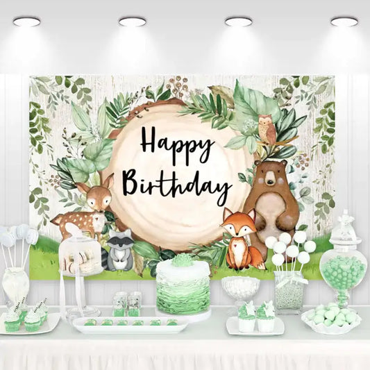 Woodland Party Happy Birthday Photography Backdrops Custom Green Leaves Animals Fox Bear Background Photobooth Banner