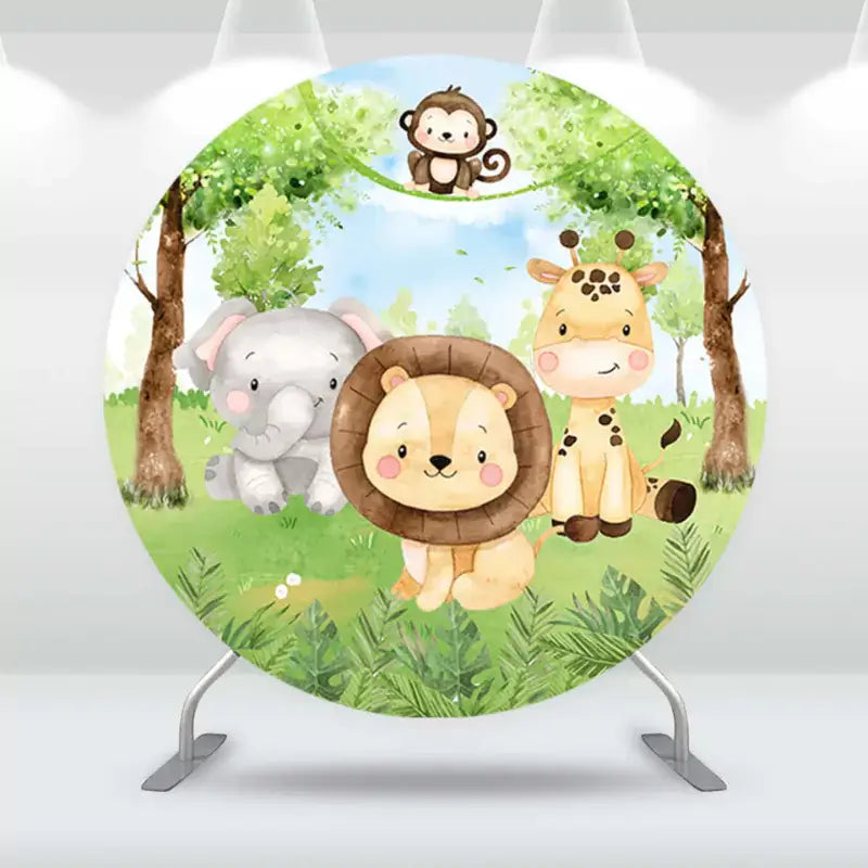 Round Backdrop Cover Forest Jungle Safari Baby Wild One Birthday Photo Background Baby Shower Arched Wall Backdrops Elastic