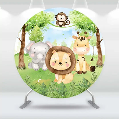 Round Backdrop Cover Forest Jungle Safari Baby Wild One Birthday Photo Background Baby Shower Arched Wall Backdrops Elastic