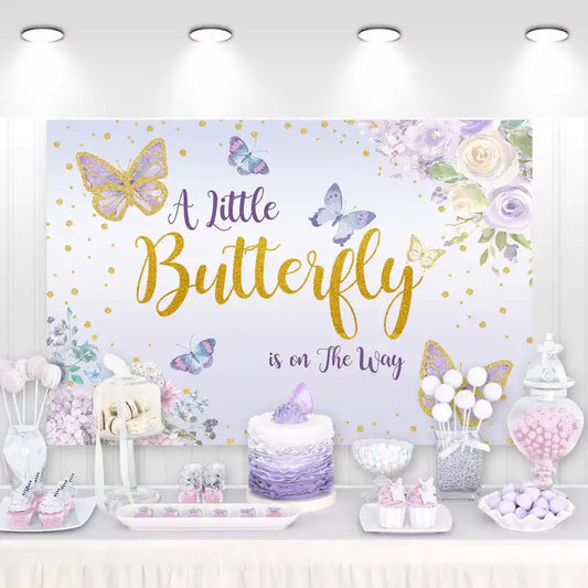 Butterfly Birthday Party Decoration Backdrops Purple Flowers Gold Dots Poster Baby Shower Photo Background For Photo Studio