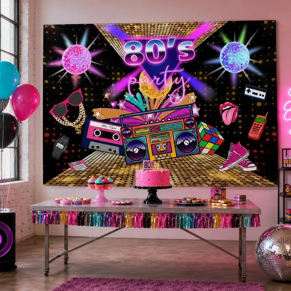 Colorful 80s party backdrop with disco balls, boombox, cassette tape, Rubik's cube, sneakers and neon retro decorations.