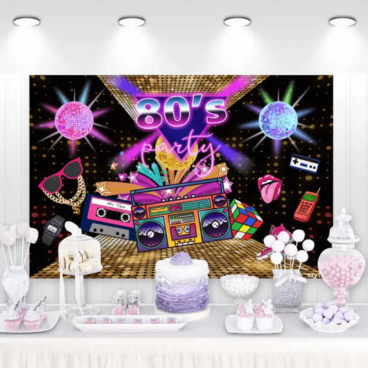 80s themed party backdrop with retro boombox, disco balls, Rubik’s cube, and neon lights – perfect for nostalgic 80s celebrations