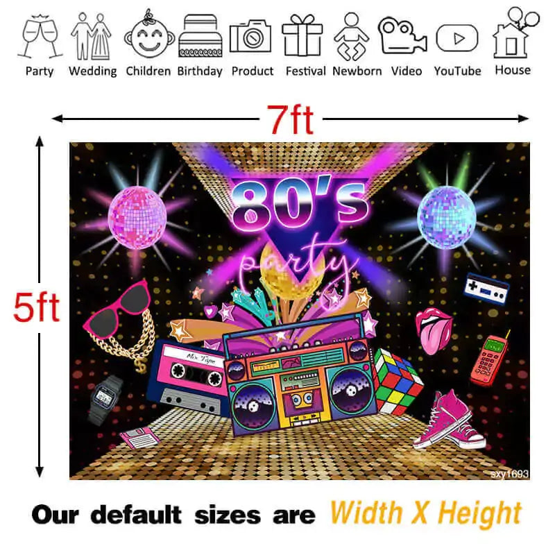 Colorful 80s themed backdrop with retro icons, neon signs, and disco ball – ideal for an 80s-inspired dance party or event