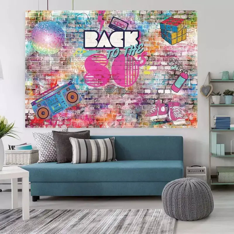 80s-themed party backdrop featuring retro designs like a boombox, Rubik's cube, and graffiti on a brick wall