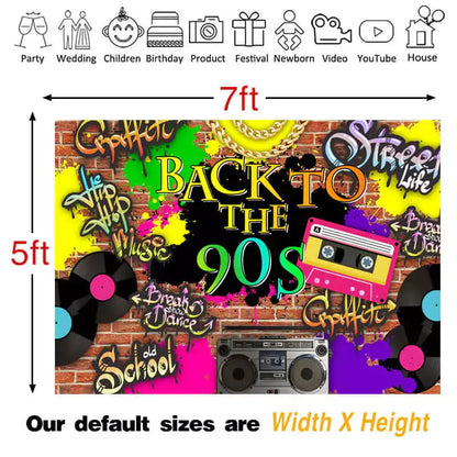 Vibrant 90s themed party backdrop featuring graffiti art, cassette tape, vinyl records, and street style elements for a nostalgic celebration
