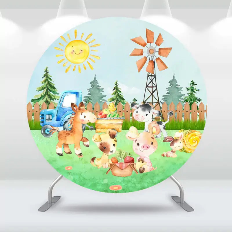 Round farm-themed backdrop featuring farm animals, a windmill, and a sunny countryside scene, perfect for kids' parties and animal-themed events.