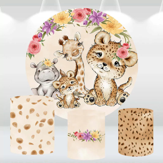 Cute safari-themed party backdrop with baby animals and floral accents, along with matching cylinder covers, ideal for baby showers and birthdays.