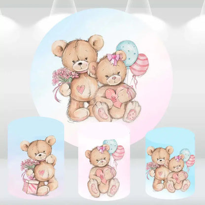 Teddy bear-themed party decor set with a round backdrop featuring two teddy bears holding hearts and balloons, along with matching cylinder covers.