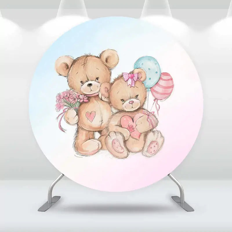 Round party backdrop featuring two teddy bears holding hearts and surrounded by balloons, perfect for baby showers and birthdays.