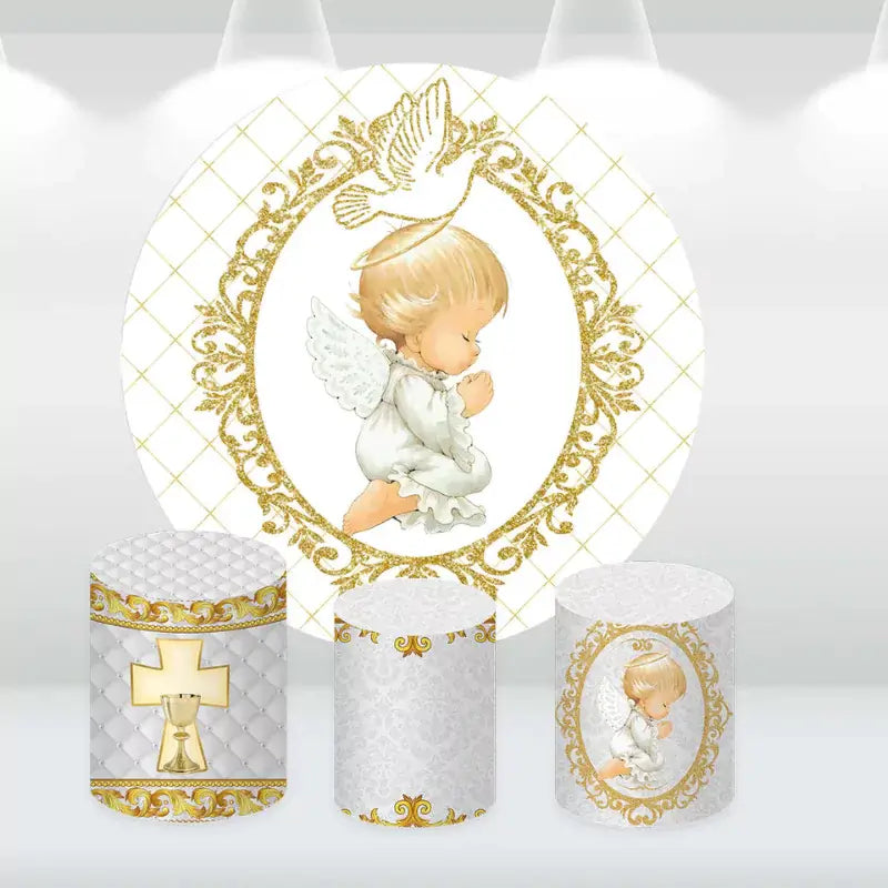 Elegant baptism decor set featuring a gold and white angel backdrop and cylinder covers with cross and chalice designs.