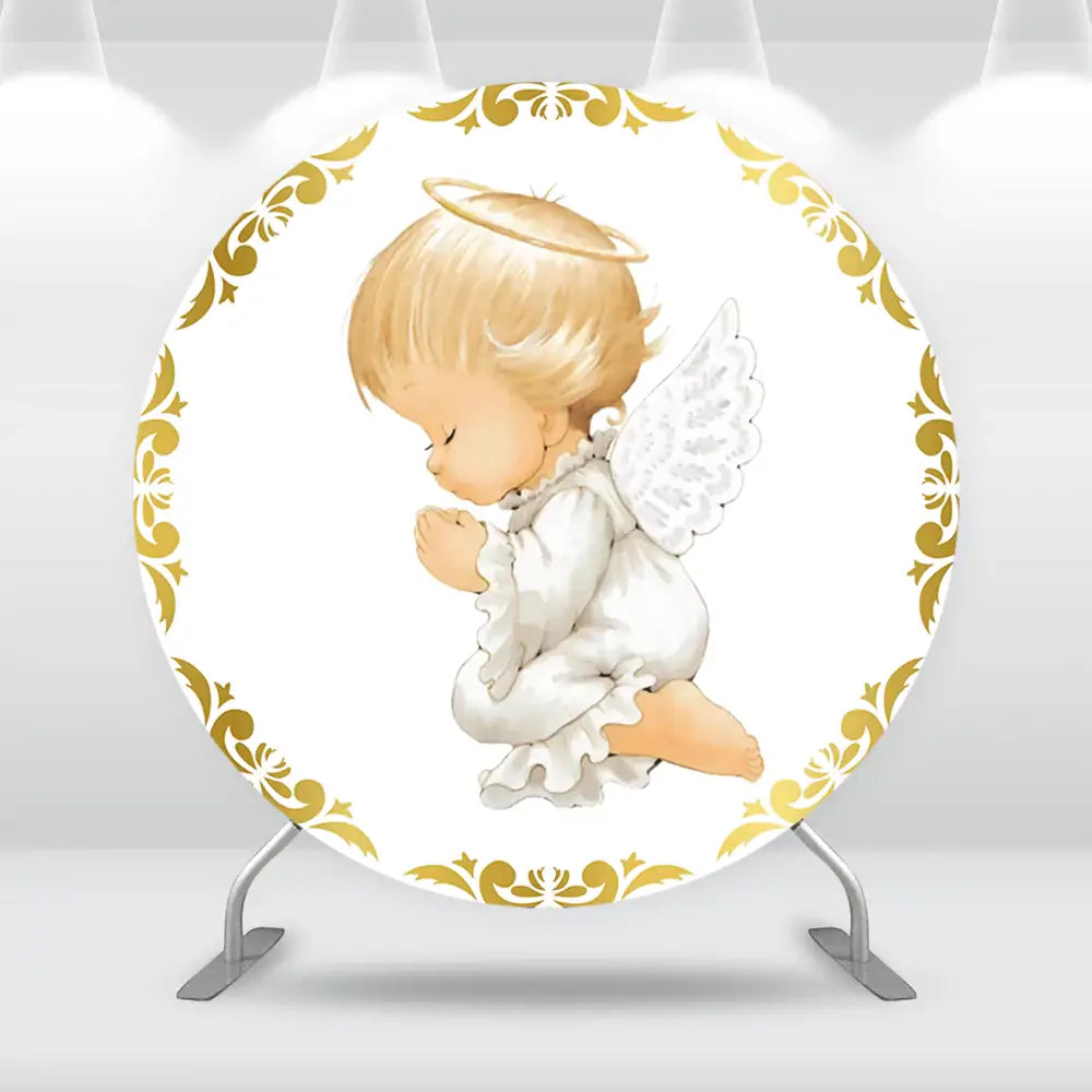 Angel baby praying backdrop with gold accents for christening and baptism decor.