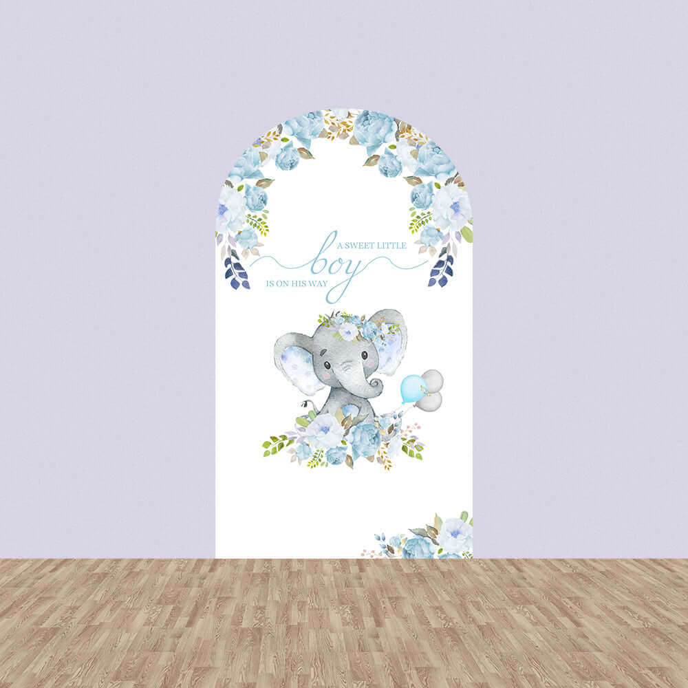 Blue Flower Elephant Birthday Arched Backdrop Cover for Boy