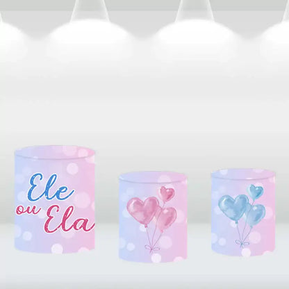 Pastel balloon designs on cylinder covers, complementing the teddy bear-themed gender reveal backdrop.