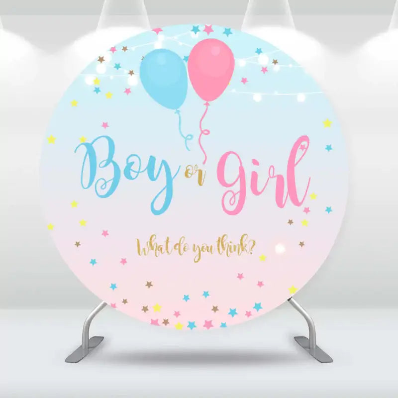 Boy or Girl gender reveal party backdrop with pastel blue and pink balloons, star decorations, and string lights.