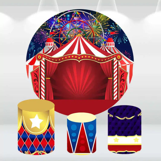 Circus-themed party backdrop with a red and white circus tent and fireworks, featuring matching cylinder covers with vibrant carnival patterns.