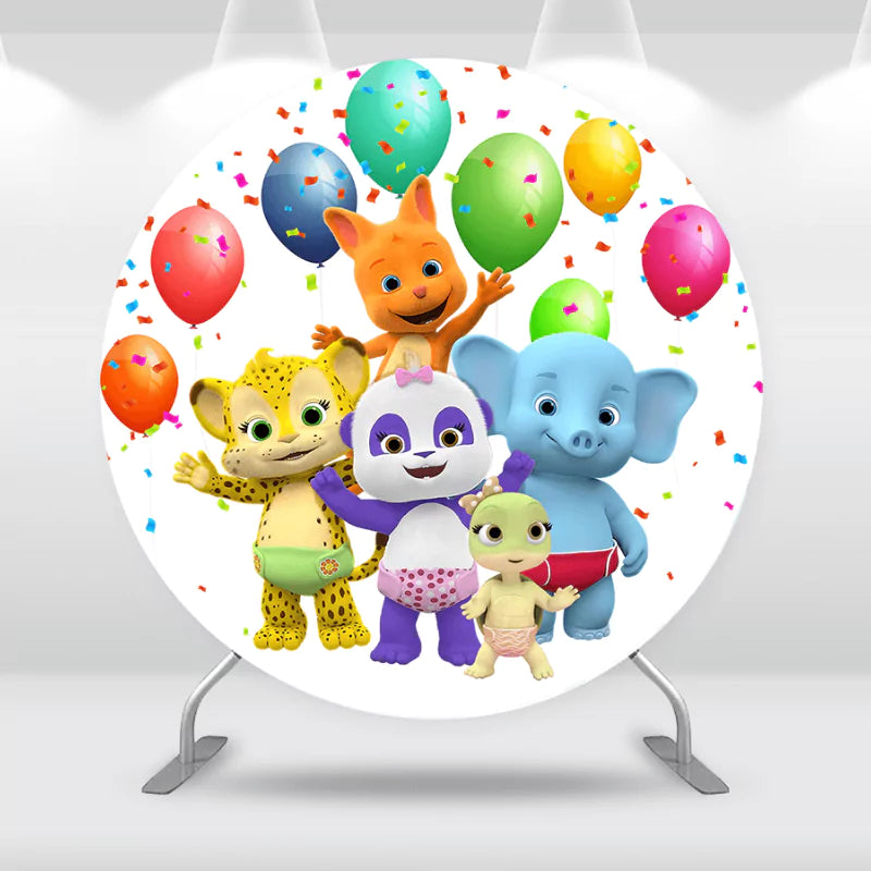 Round backdrop featuring cartoon characters with colorful balloons and confetti.