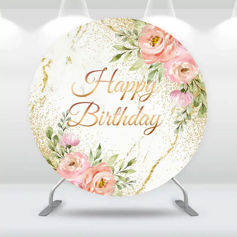 Stylish Happy Birthday backdrop with marble design, gold accents, and floral details, perfect for sophisticated celebrations.