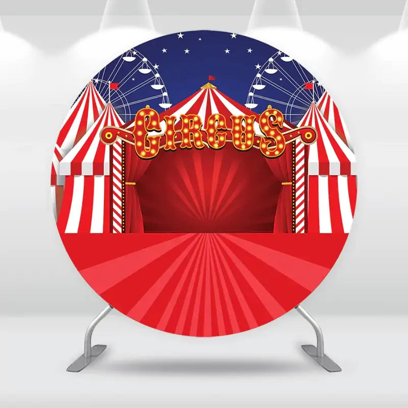 Round circus-themed backdrop featuring a vibrant red and white big top tent with a Ferris wheel in the background.