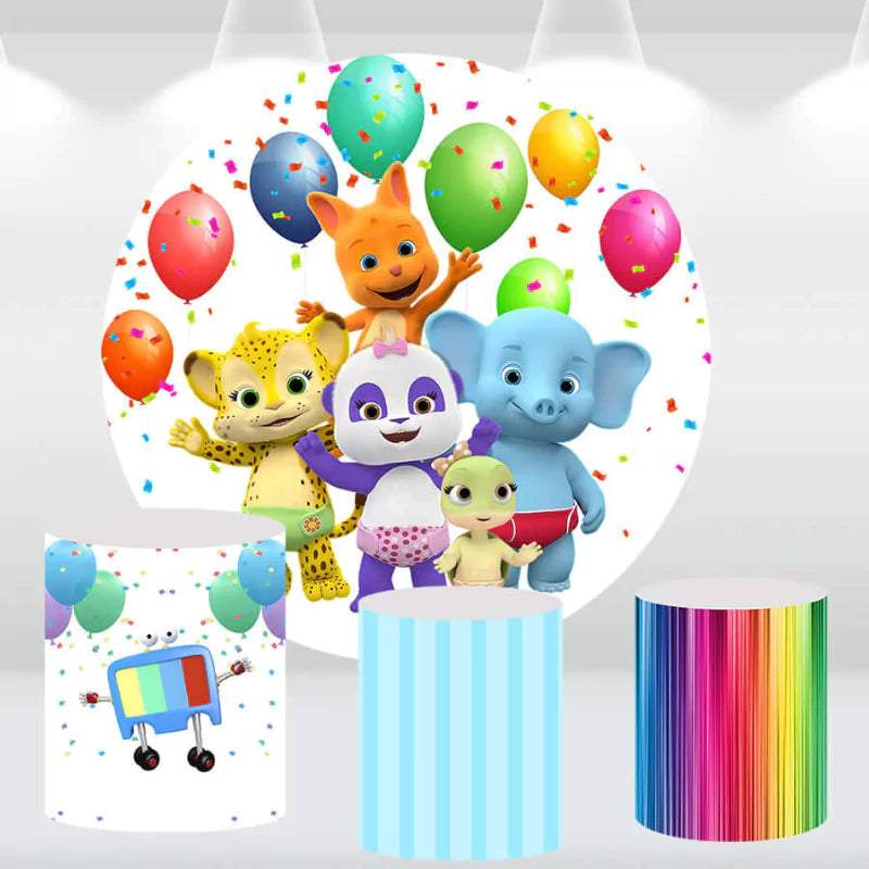 Kids' birthday party backdrop set with cartoon characters, balloons, and rainbow cylinder covers