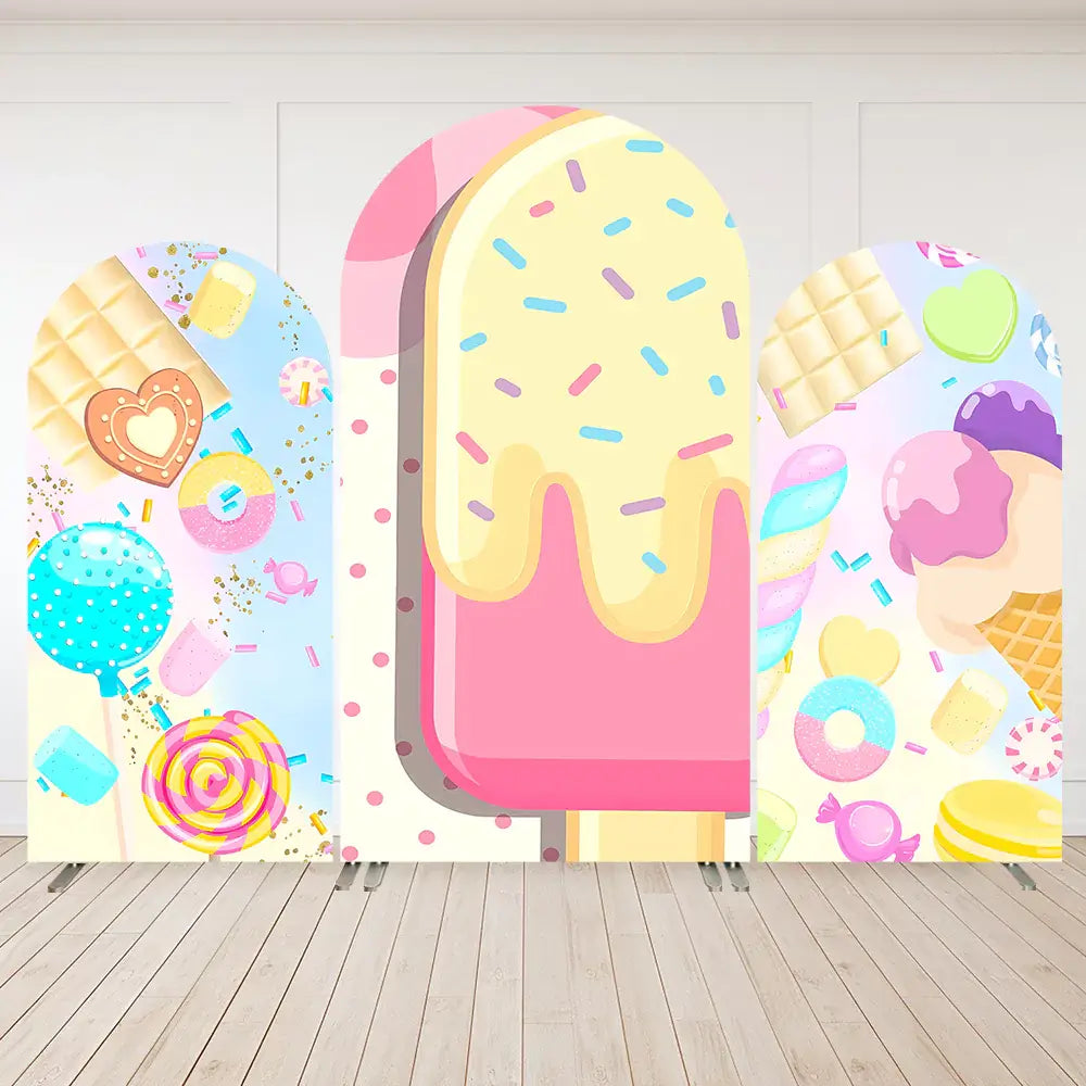 A vibrant candy-themed arched backdrop set featuring designs of popsicles, lollipops, ice cream, and colorful desserts, perfect for birthdays and candyland-themed parties.