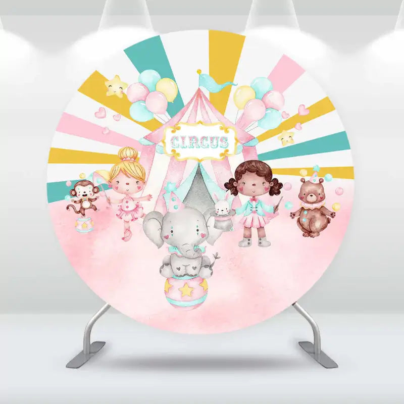 Circus-themed round backdrop featuring a circus tent with cute animals and children in pastel colors.
