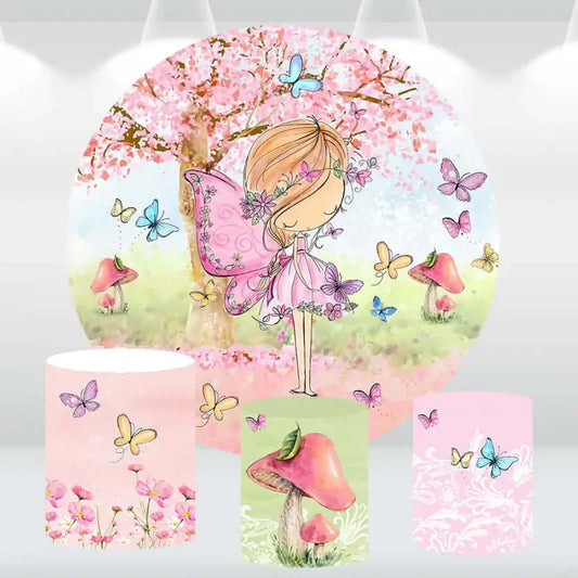 Fairy-themed garden party backdrop featuring a whimsical fairy, butterflies, and mushrooms with matching cylinder covers.