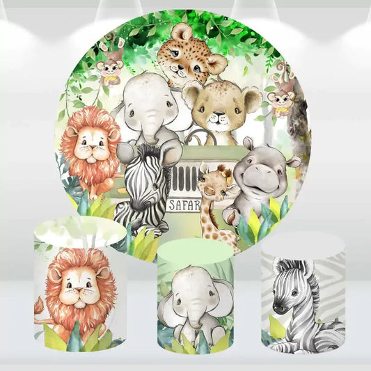 Safari-themed baby shower backdrop featuring a lion, elephant, zebra, and other jungle animals in a green jungle setting.