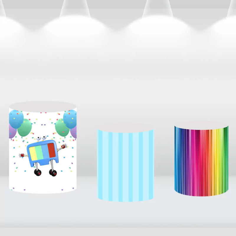 Party cylinder covers with rainbow, striped, and balloon designs, perfect for a cartoon-themed celebration.