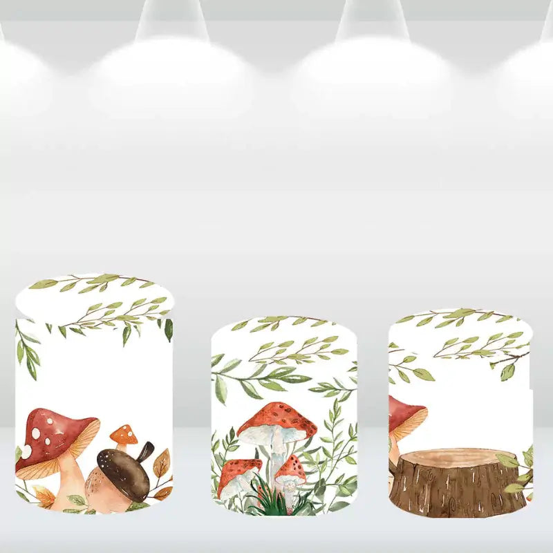 Decorative cylinder covers featuring mushrooms, acorns, and leafy branches in a woodland theme.