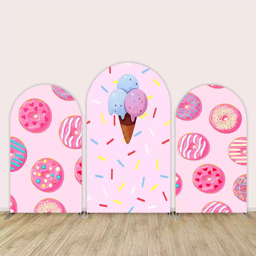 Three-piece pink 'Donuts and Ice Cream' arch backdrop set featuring colorful donuts, sprinkles, and an ice cream cone design.