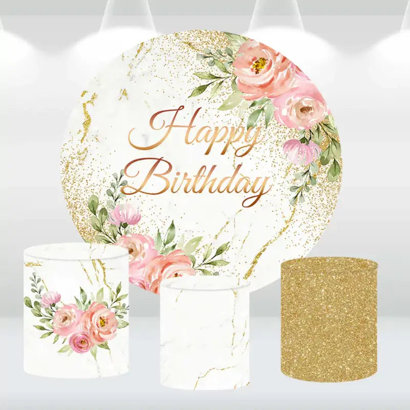 Chic marble and gold-themed birthday decor set featuring a floral Happy Birthday backdrop and cylinder covers, perfect for stylish celebrations.