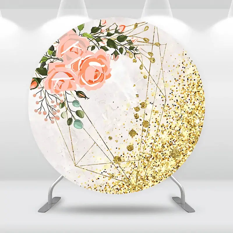 Round backdrop featuring pink roses, gold glitter accents, and geometric patterns, with matching cylinder covers in floral and marble designs.