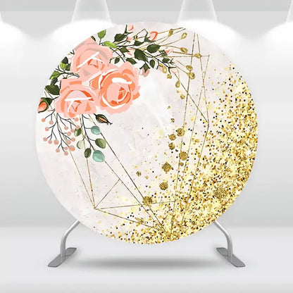 Round backdrop featuring pink roses, gold glitter accents, and geometric patterns, with matching cylinder covers in floral and marble designs.